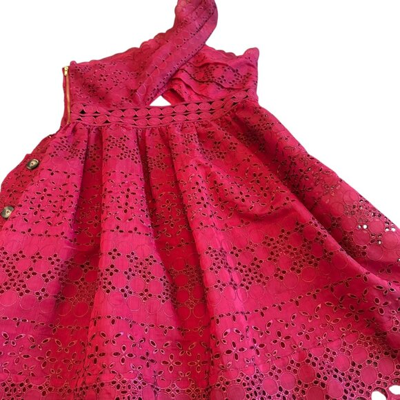 Self-Portrait One Shoulder Cranberry Red Eyelet Lace Dress A-Line Cutout Size 8 - Picture 13 of 15